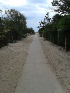 chemin traversant l'île avec du sable des 2 côtés