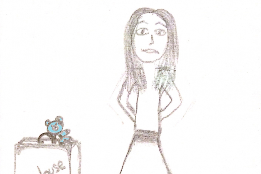 dessin comique Sarah avec sa valise et Nounou Bleu