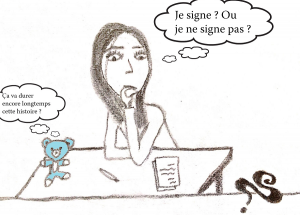 dessin comique fille à table signature du contrat hésitation. Sarah avec Nounou-Bleu
