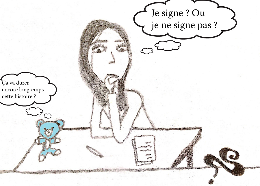 dessin comique fille à table signature du contrat hésitation. Sarah avec Nounou-Bleu