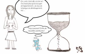 dessin comique d'un sablier qui représente le temps, les choses à faire Sarah et Nounou Bleu