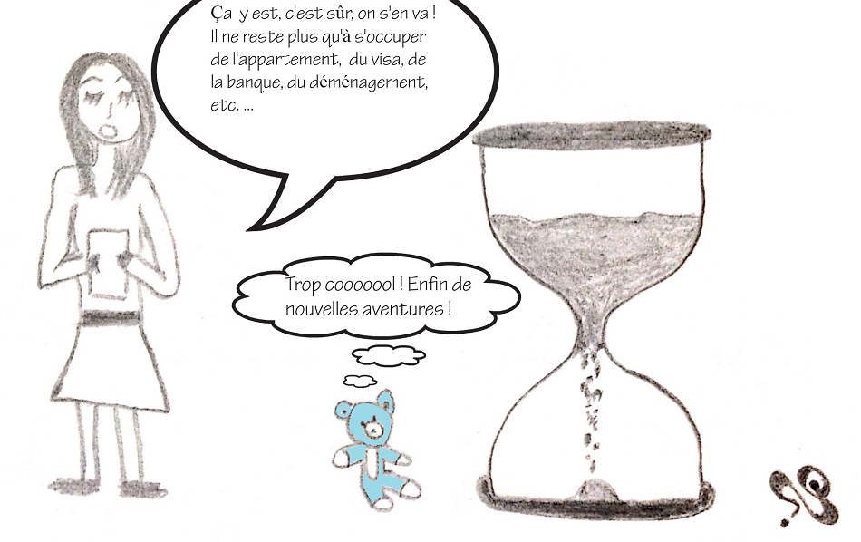 dessin comique d'un sablier qui représente le temps, les choses à faire Sarah et Nounou Bleu