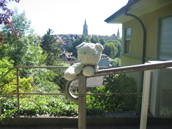 Nounou Bleu avec la vue sur les toits de Berne